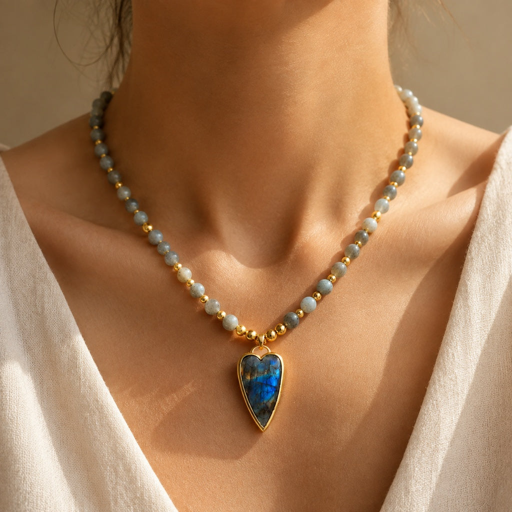Natural Stone Pendant Beaded Necklace Story Lifestyle product image featuring Copper.