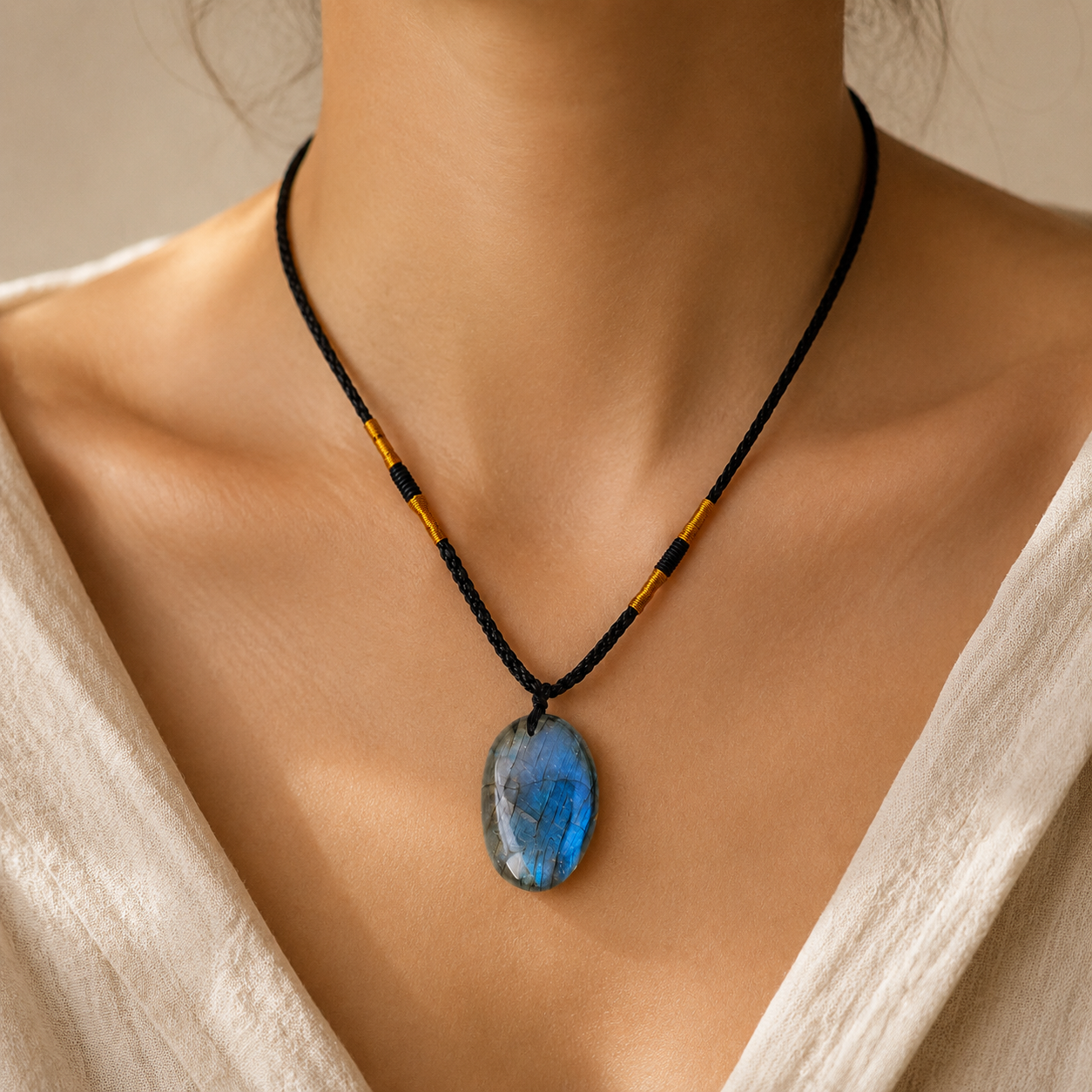 Labradorite Rough Stone Pendant Necklace Story Lifestyle product image featuring Labradorite.