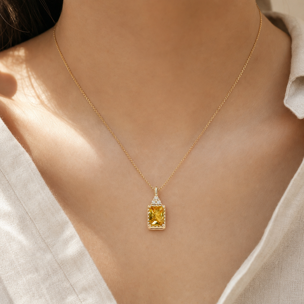 Citrine Yellow Zircon Pendant Necklace Story Lifestyle product image featuring Citrine.