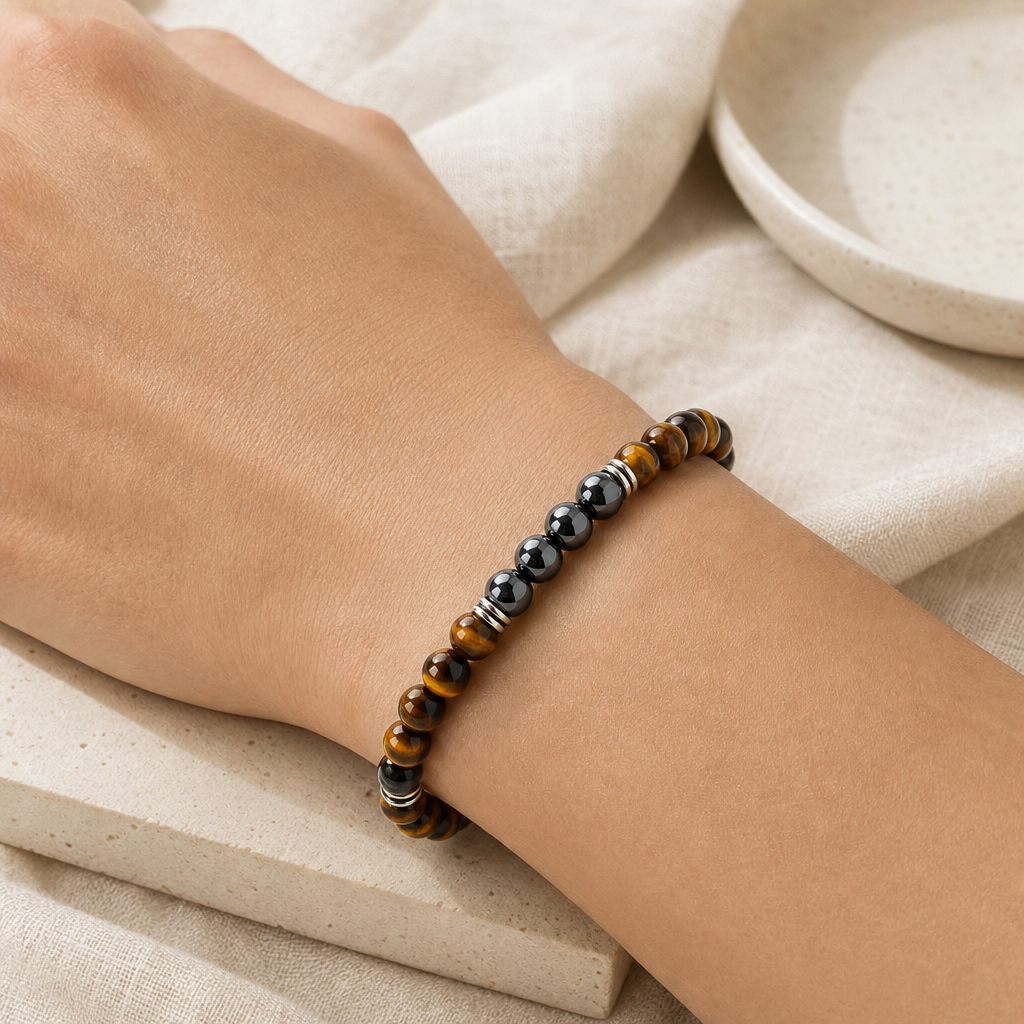 Yellow Tiger Eye & Black Obsidian Separator Bracelet Story Lifestyle product image featuring Black Obsidian.