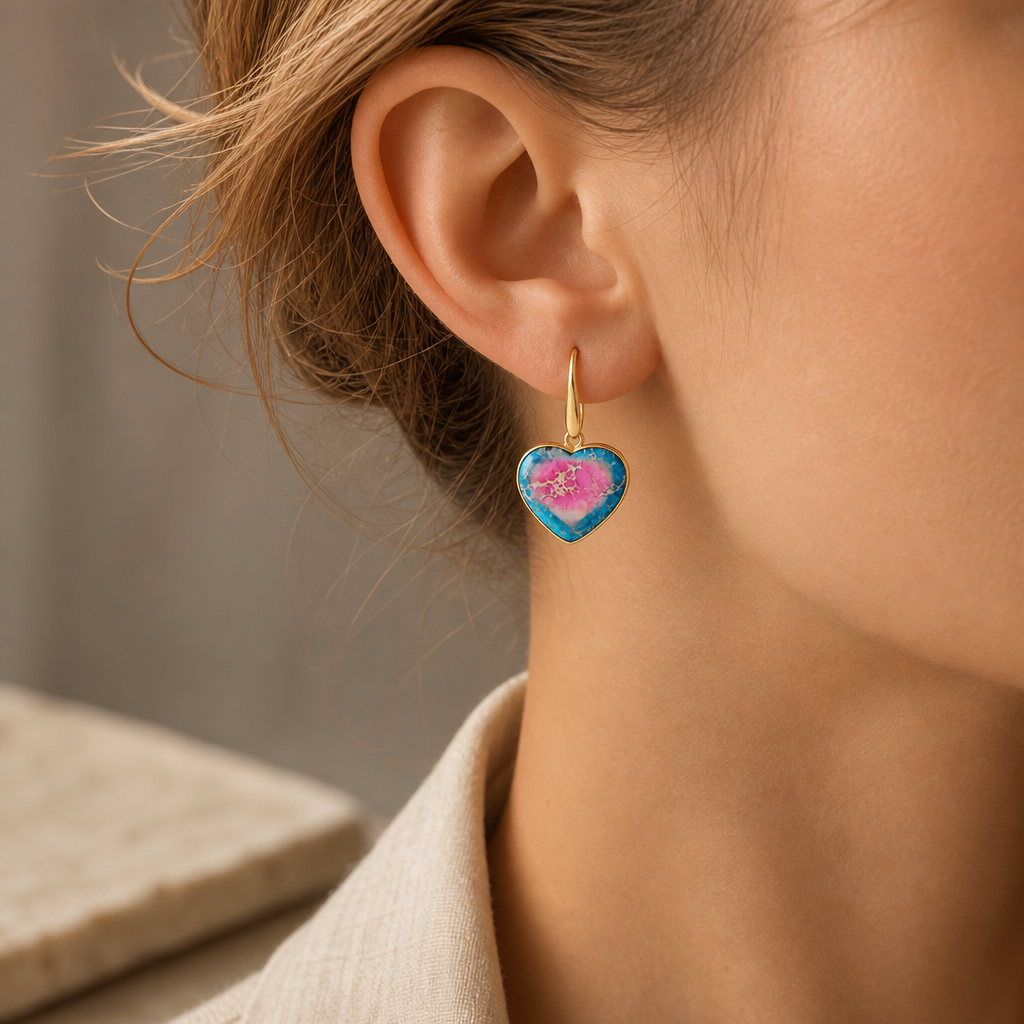 Sky Blue Natural Stone Heart Drop Earrings Story Lifestyle product image featuring Natural Stone.