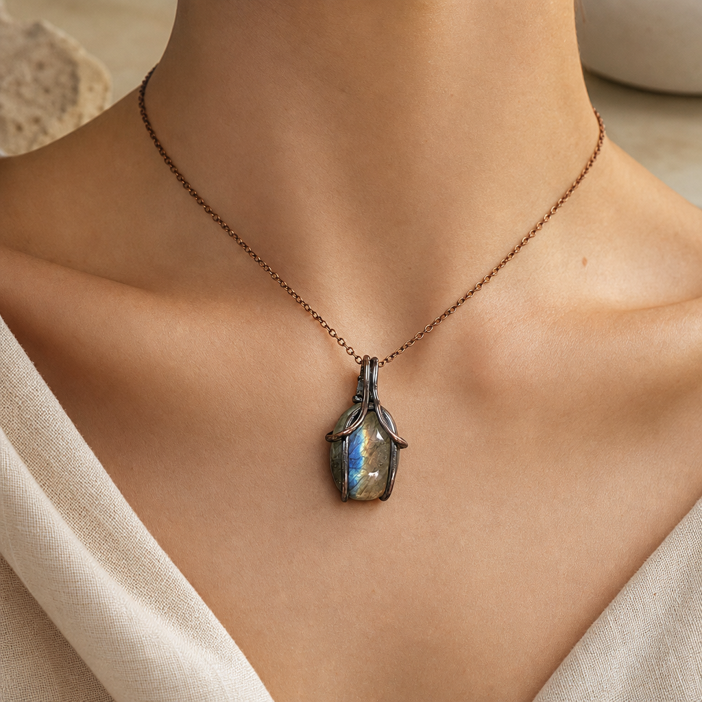 Wire Wrapped Labradorite Pendant Necklace Story Lifestyle product image featuring Labradorite.
