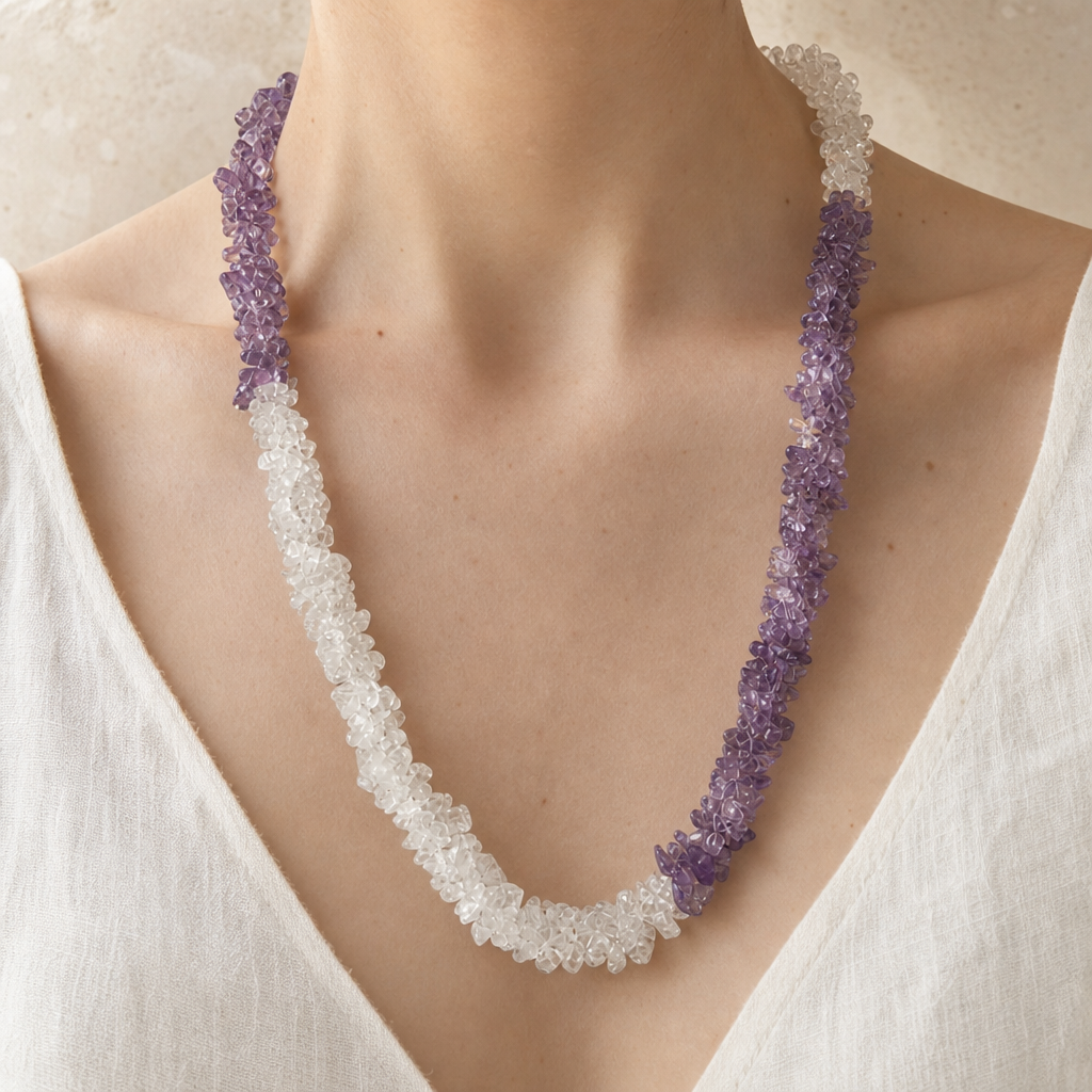 Amethyst & Clear Quartz Chip Necklace Story Lifestyle image featuring amethyst and clear quartz.