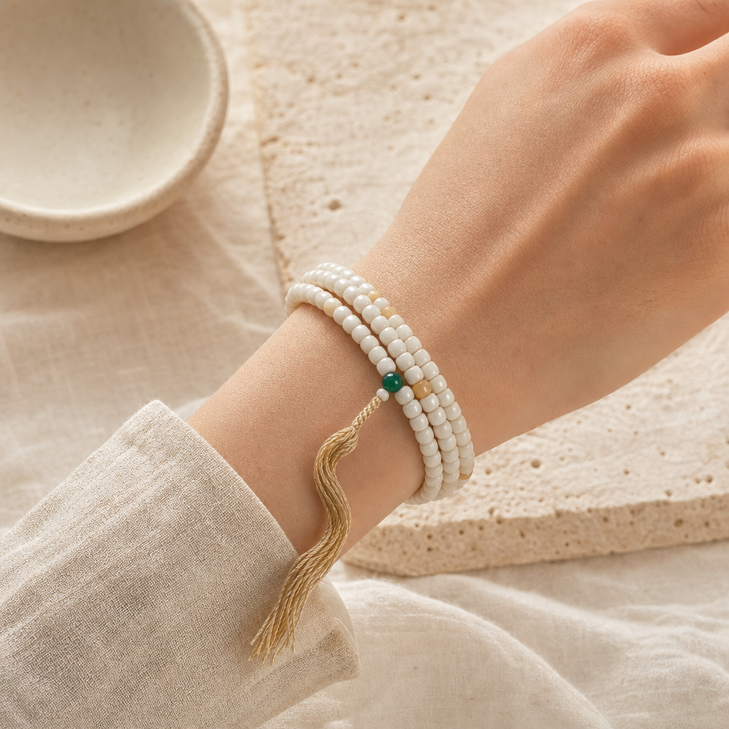 Natural White Jade Bodhi Root 108 Bracelets Story Lifestyle product image featuring Jade.