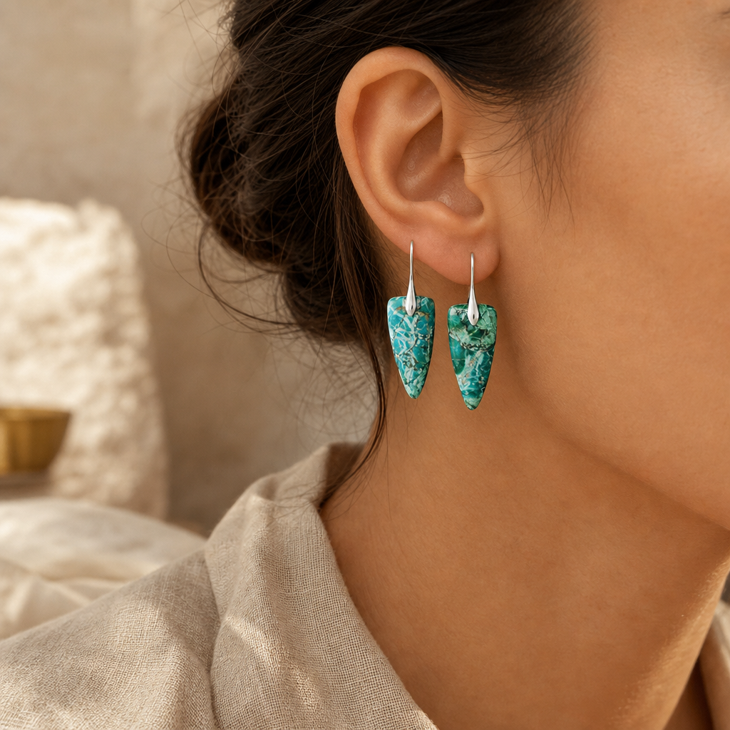 Silver Green Natural Stone Geometric Earrings Story Lifestyle product image featuring Platinum Plated.