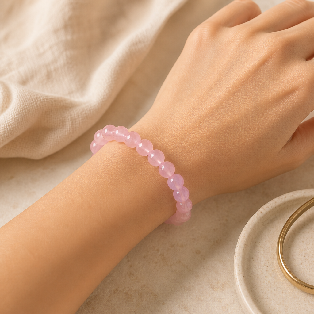 Natural Rose Quartz Bead Bracelet Story Lifestyle product image featuring Rose Quartz.