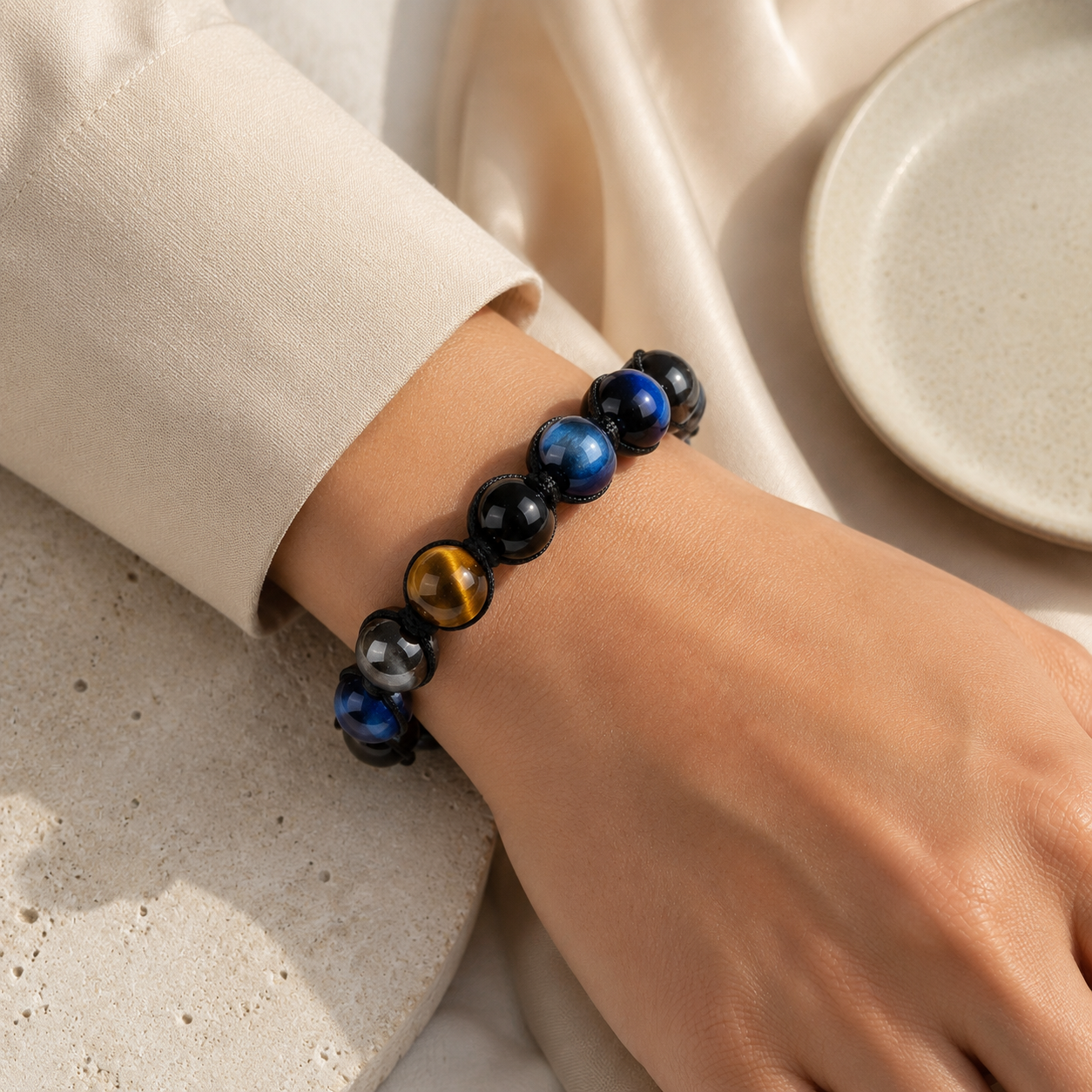 Natural Tiger Eye Obsidian 8mm Bracelet Story Lifestyle product image featuring Tiger Eye.