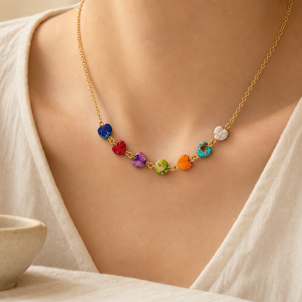 Multicolor Heart Natural Stone Necklace Story Lifestyle product image featuring Natural Stone.
