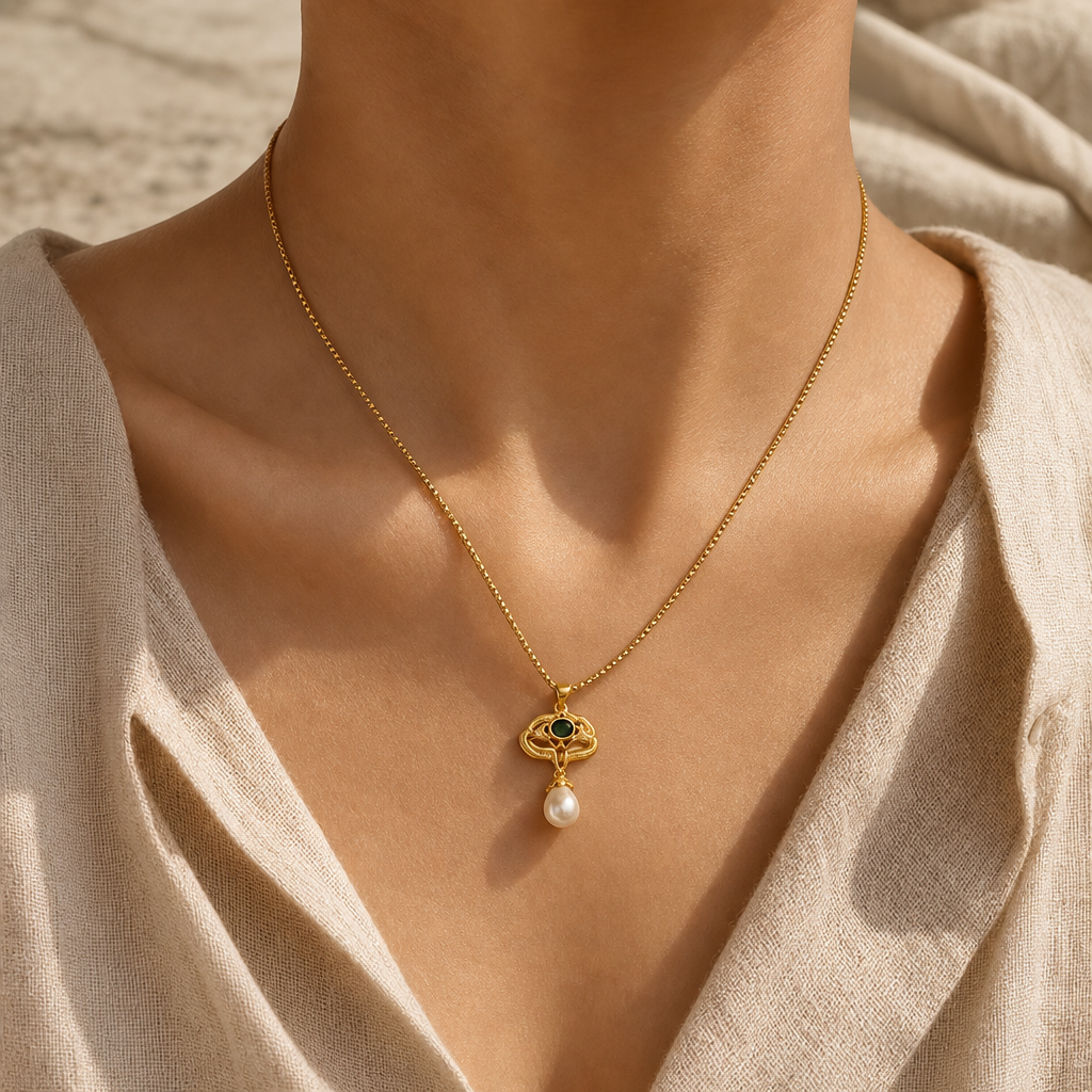Freshwater Pearl Titanium Steel Geometric Necklace Story Lifestyle product image featuring Freshwater Pearl.