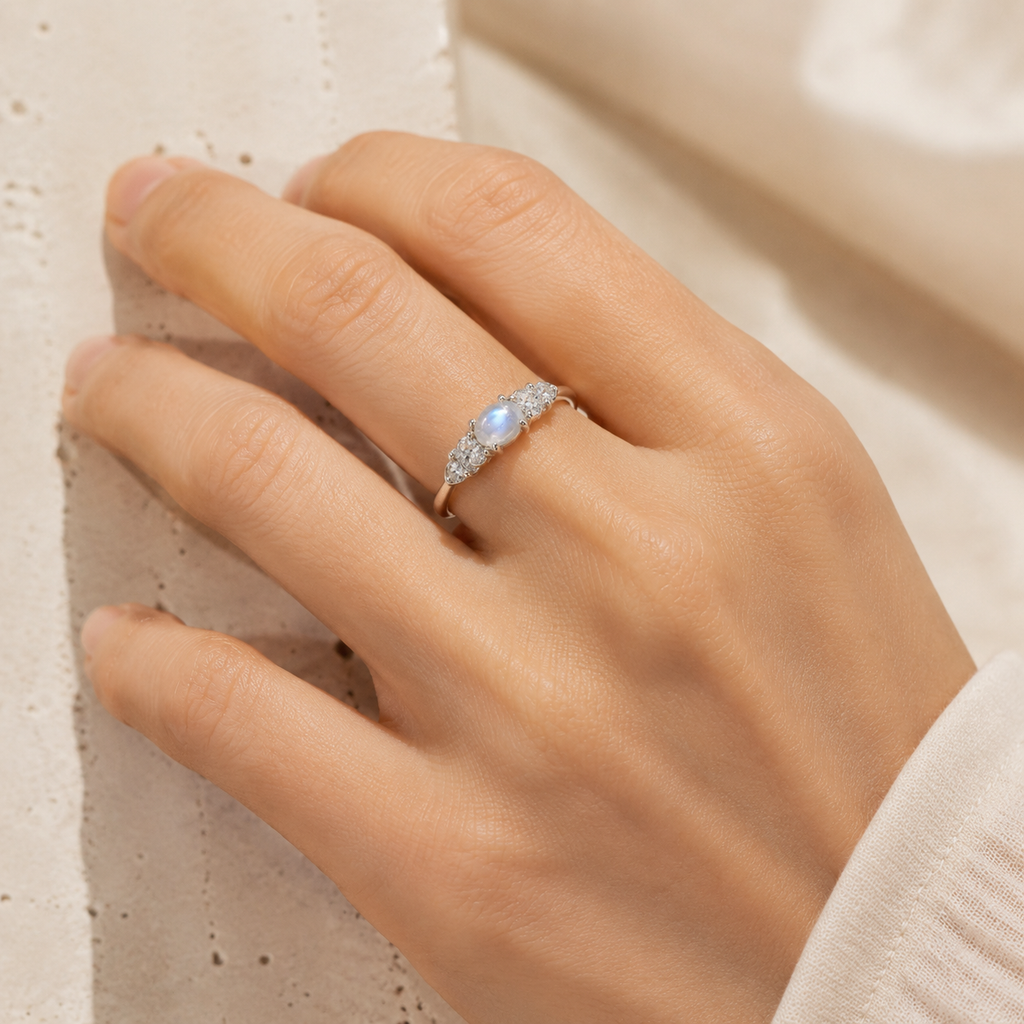 Moonstone Ring, Moonstone Silver Ring, Gemstone Sterling Silver Story Lifestyle product image featuring Moonstone.