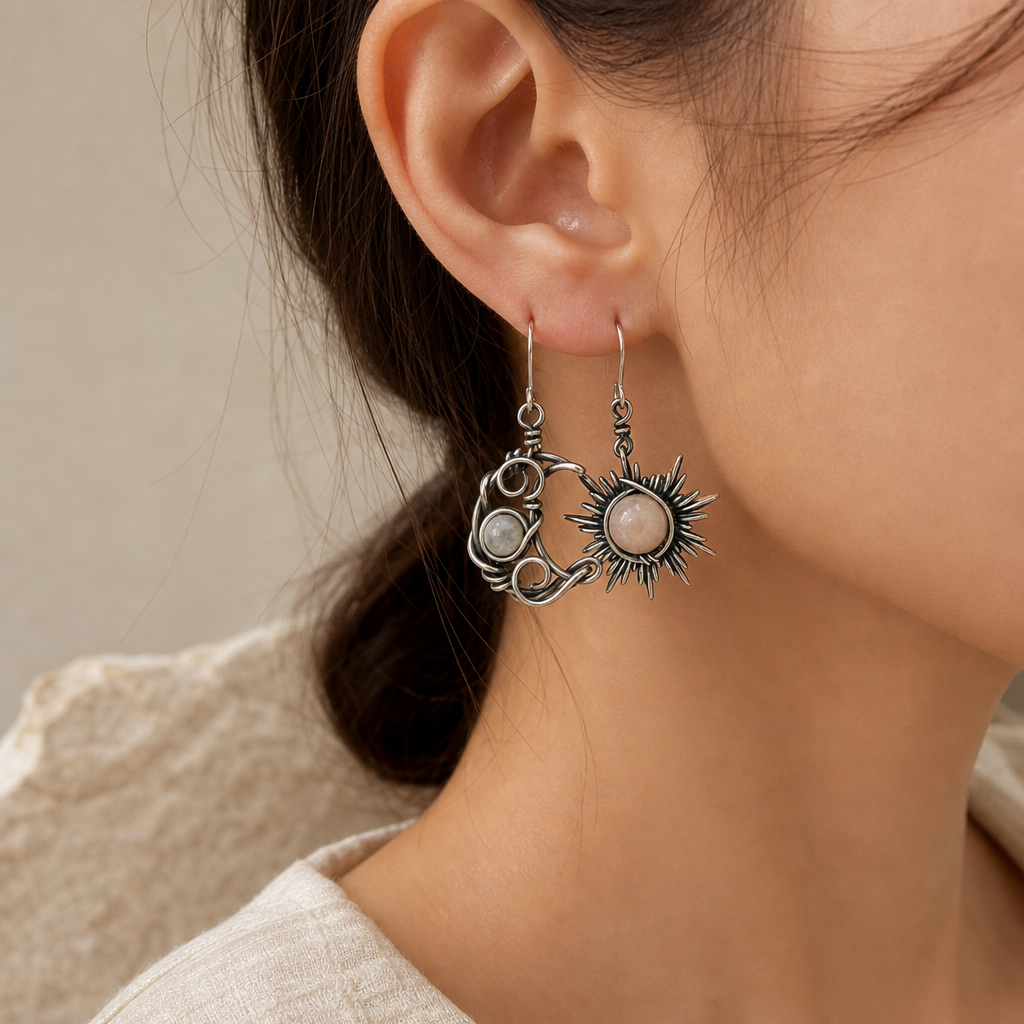 Moonstone Moon & Sun Dangle Earrings lifestyle styling image.