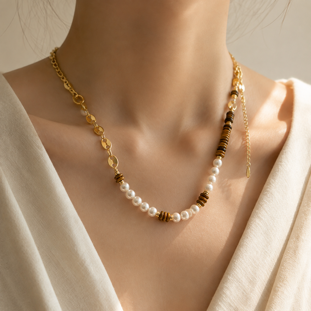 18K Gold Plated Titanium Steel Necklace Story Lifestyle product image featuring Freshwater Pearl.