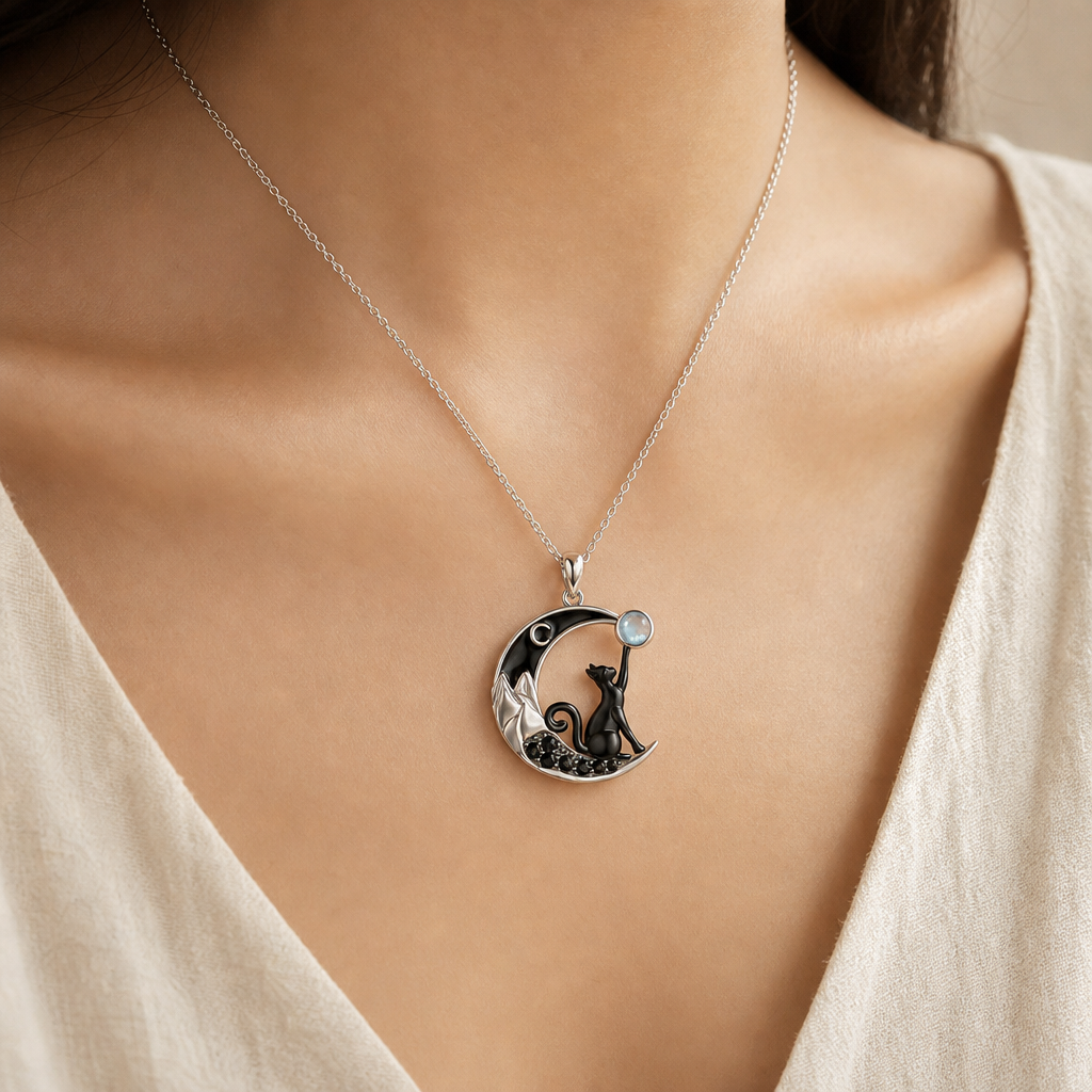Black Cat Moonstone Moon Pendant Necklace Story Lifestyle product image featuring Moonstone.