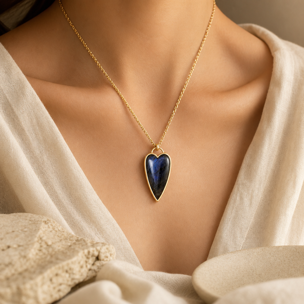 Copper Labradorite Heart Shape Necklace Story Lifestyle product image featuring Labradorite.