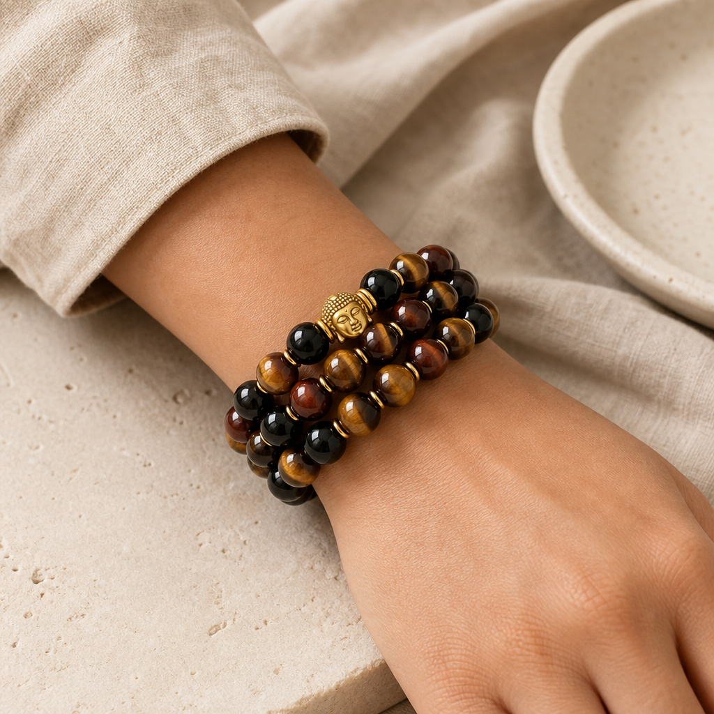 Tiger Eye Buddha Bead Bracelet Story Lifestyle product image featuring Tiger Eye.