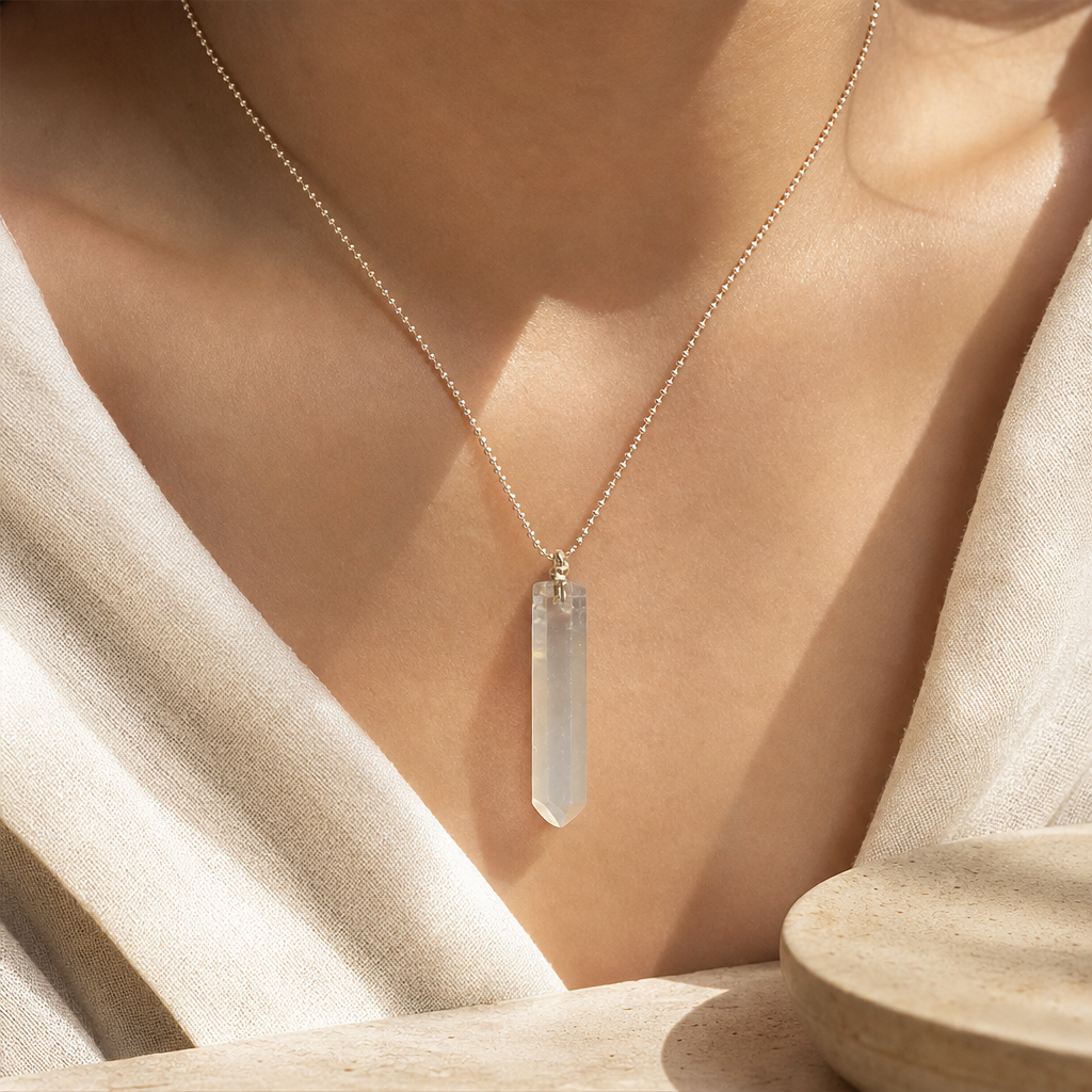 Clear Quartz Point Pendant Necklace Story Lifestyle product image featuring Clear Quartz.
