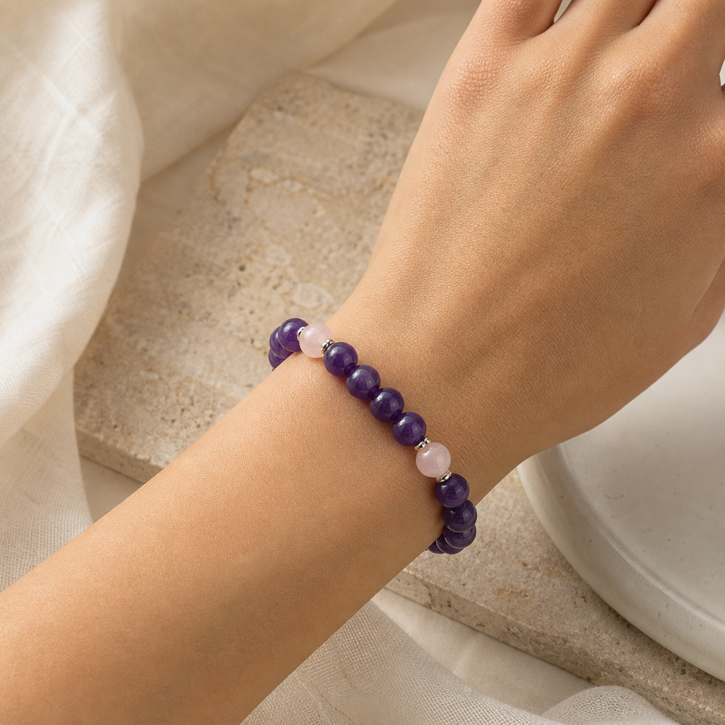 Amethyst & Rose Quartz Stretch Bracelet Story Lifestyle product image featuring Rose Quartz.