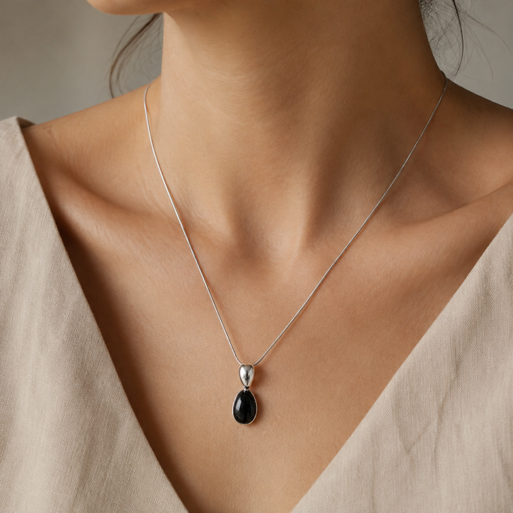 Black Onyx Silver Drop Pendant Necklace Story Lifestyle product image featuring Black Onyx.