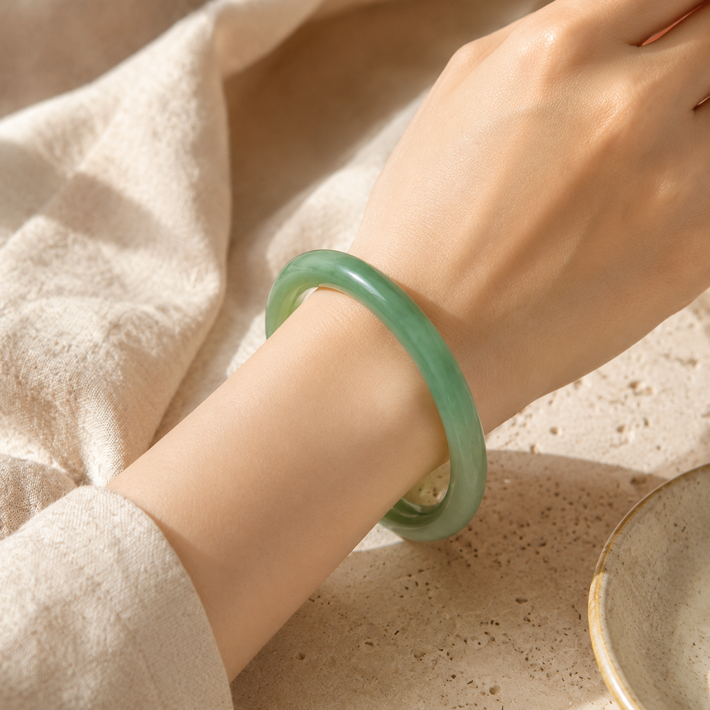 Green Jade Aventurine Bangle Bracelet Story Lifestyle product image featuring Jade.