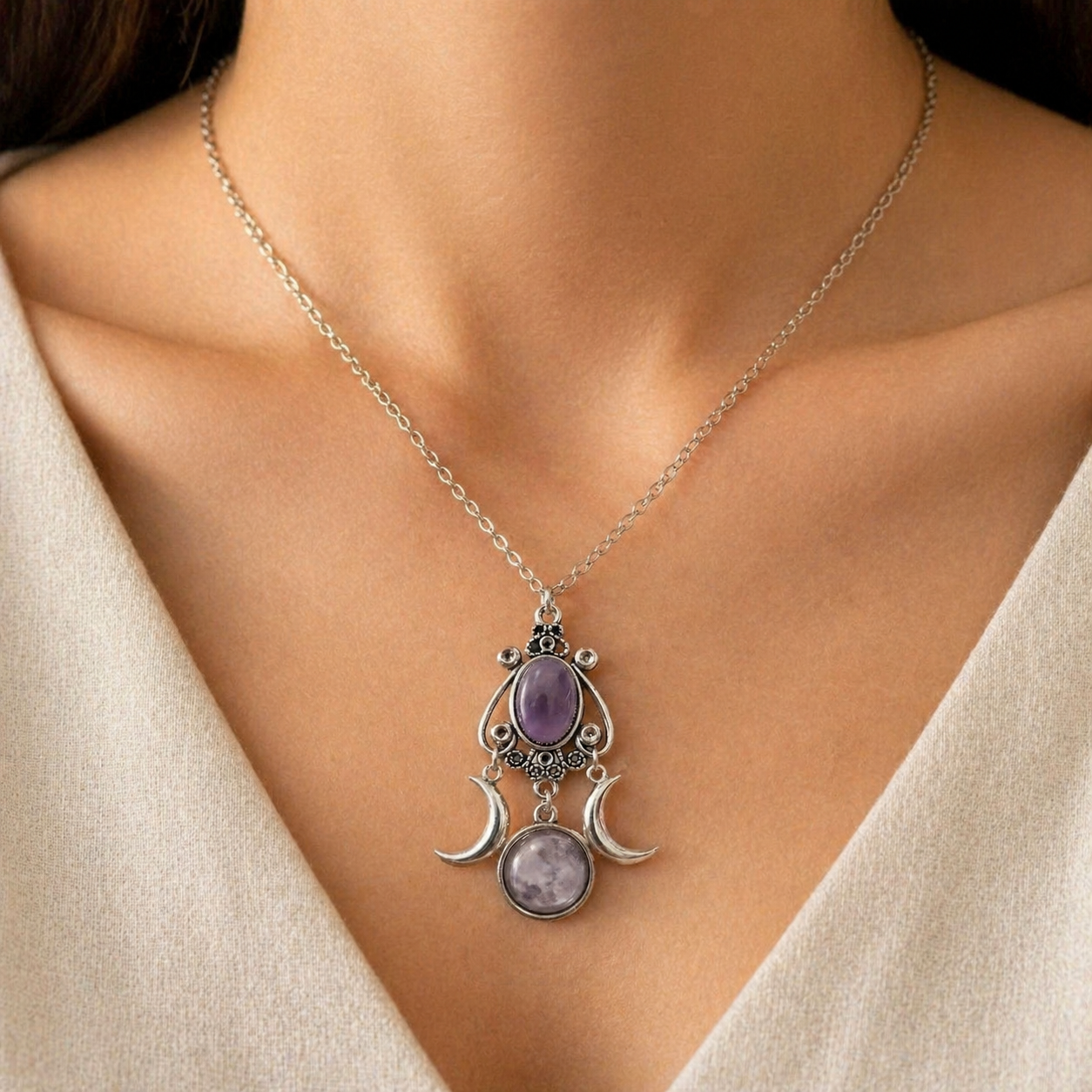 Triple Moon Goddess Amethyst Alloy Necklace Story Lifestyle product image featuring Amethyst.