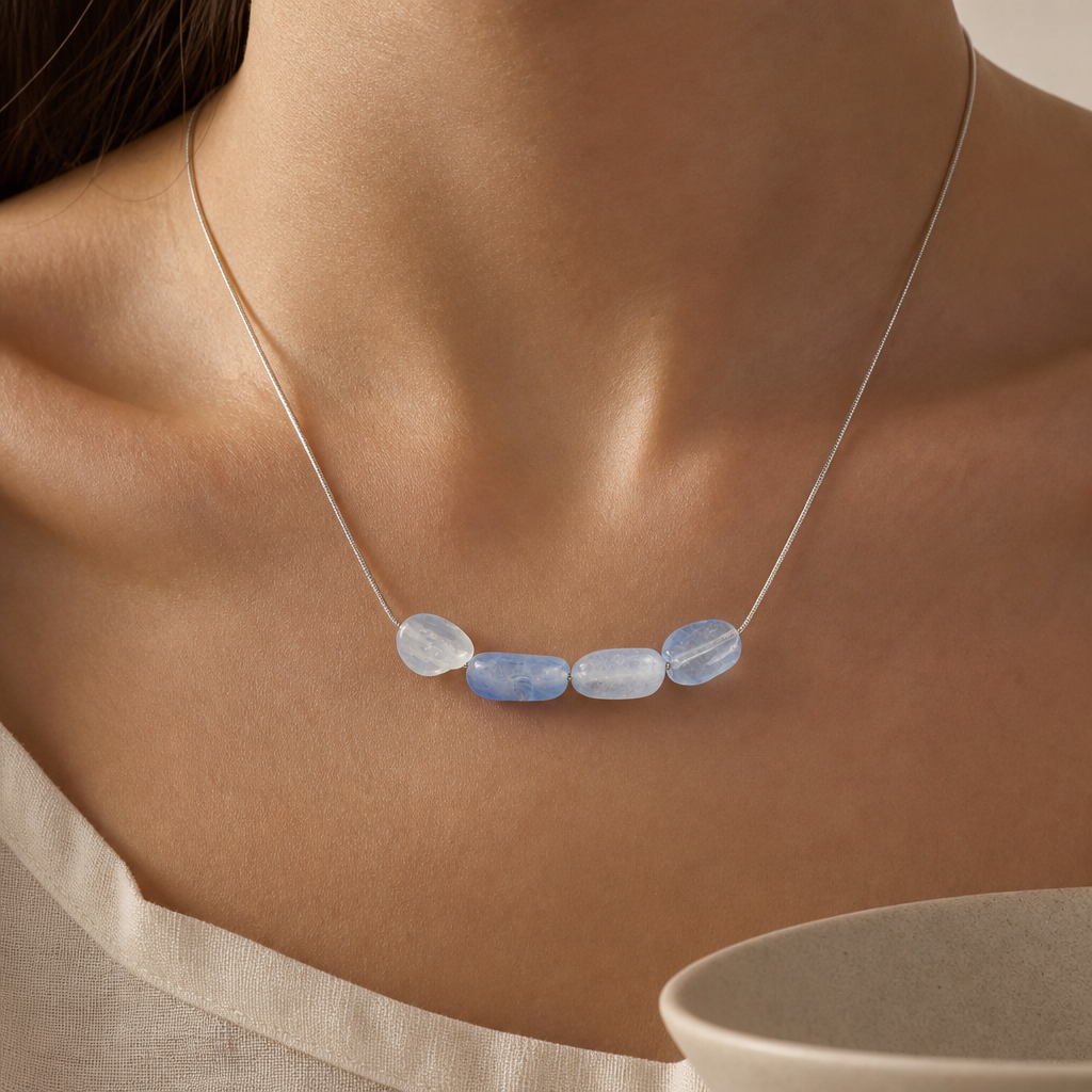 Brazilian Aquamarine Four Bead Necklace Story Lifestyle product image featuring Natural Stone.