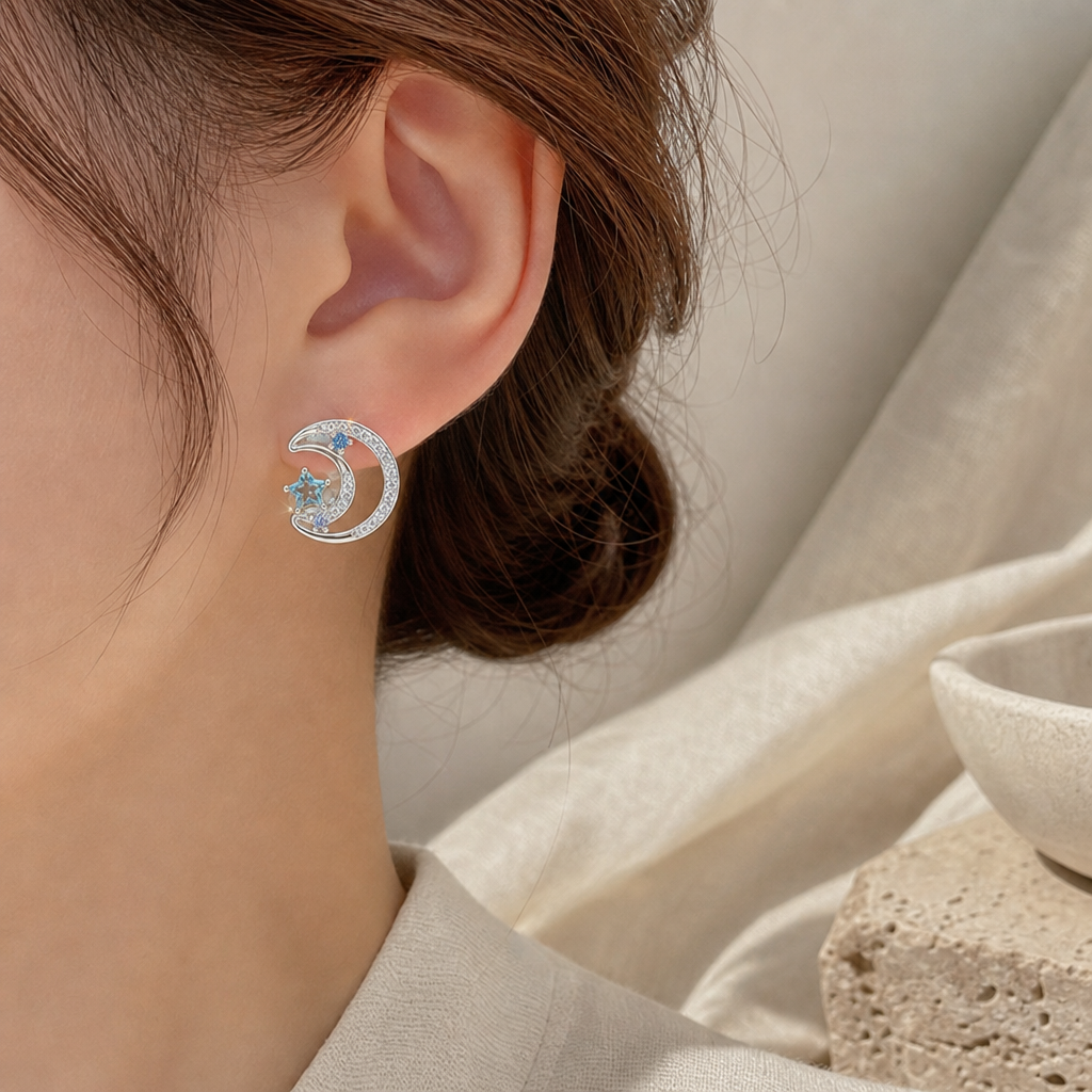 Blue Zircon Moon Star Stud Earrings Story Lifestyle product image featuring Blue Zircon.