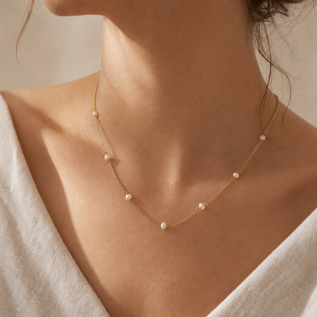Freshwater Pearl 18K Gold Plated Necklace Story Lifestyle product image featuring Freshwater Pearl.