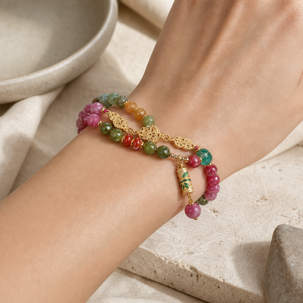 Jade Color Tourmaline Bead Bracelet Story Lifestyle product image featuring Black Tourmaline.