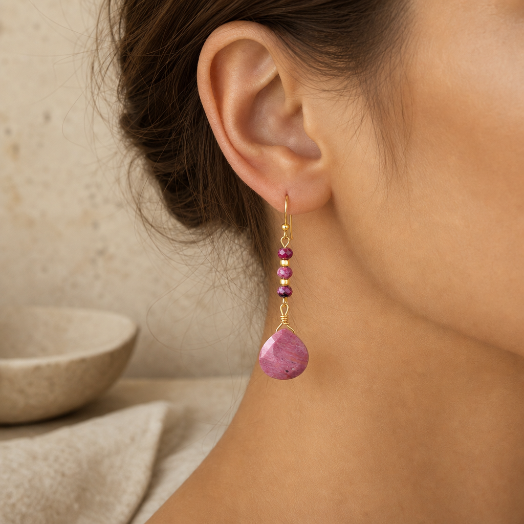 Natural Stone Bead Shape Earrings Story Lifestyle product image featuring 18k Gold Plated.