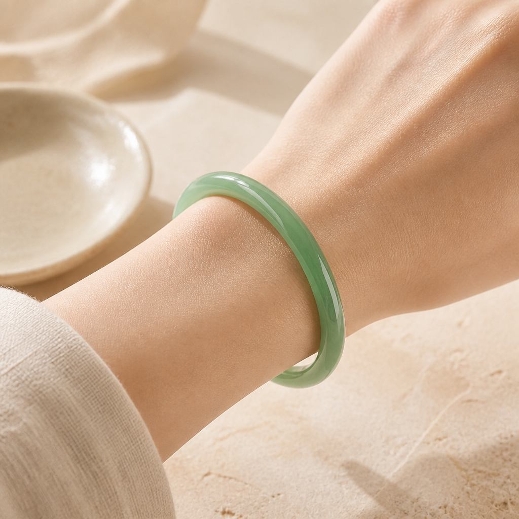 Green Jade Aventurine Bangle Bracelet Story Lifestyle product image featuring Jade.