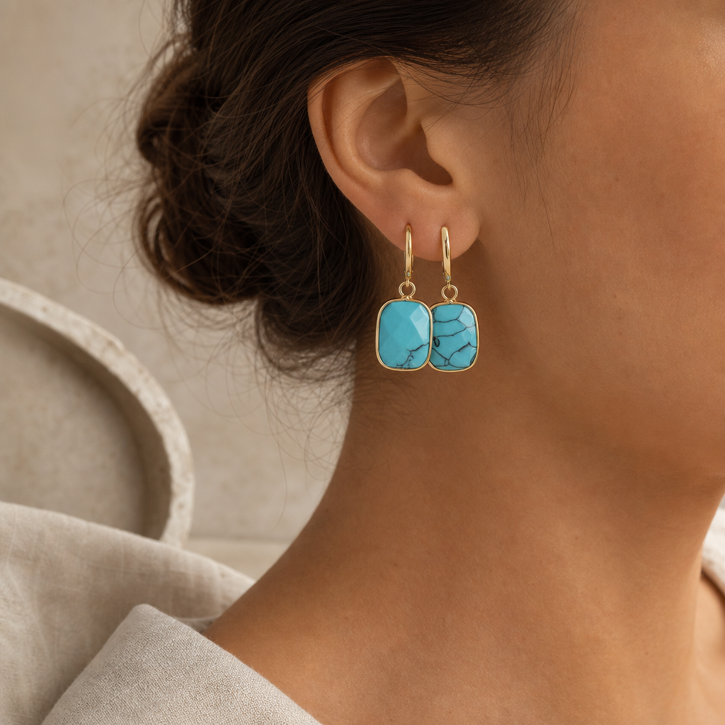 Copper Natural Stone Dangle Earrings Story Lifestyle product image featuring 18k Gold Plated.