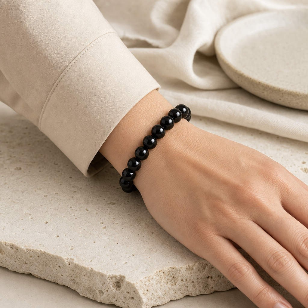 Black Agate Bead Bracelet Story Lifestyle product image featuring Agate.