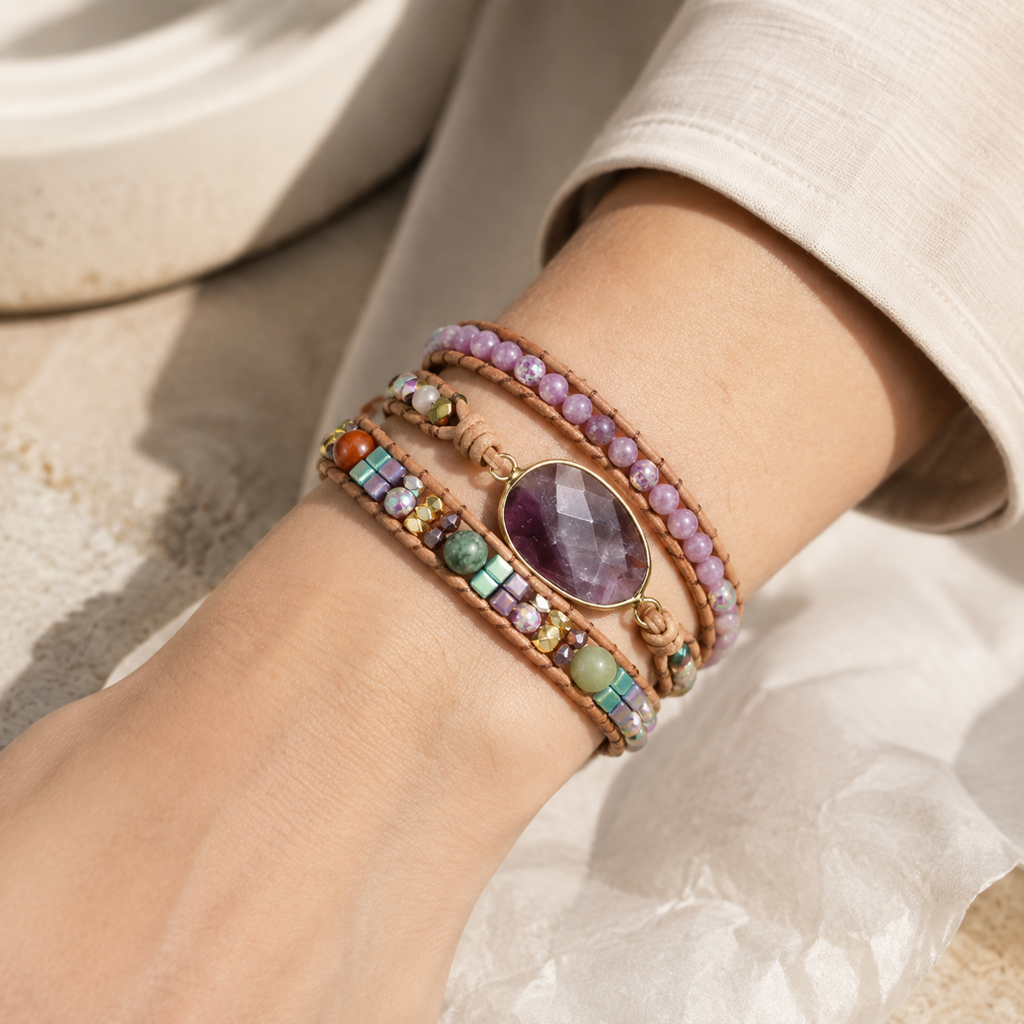 Triple Layer Amethyst Bracelet Story Lifestyle product image featuring Imperial Jasper.