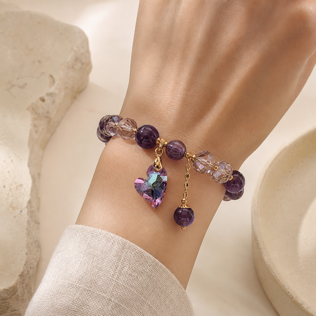 Purple Heart Amethyst Bracelet Story Lifestyle product image featuring Amethyst.