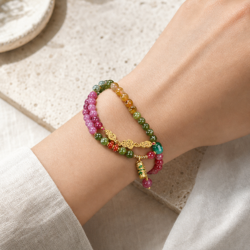 Multicolor Agate Bead Bracelet Story Lifestyle product image featuring Agate.