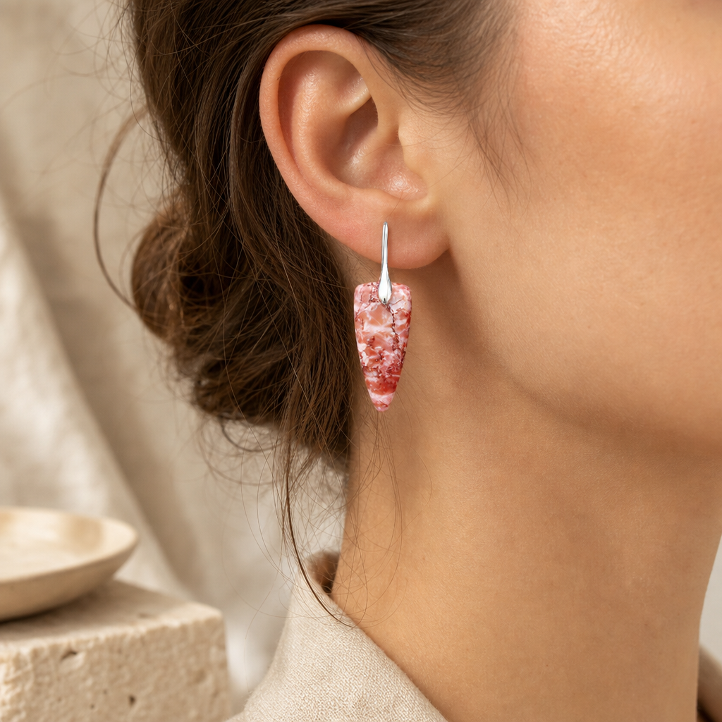 Silver Pink Natural Stone Geometric Earrings Story Lifestyle product image featuring Natural Stone.
