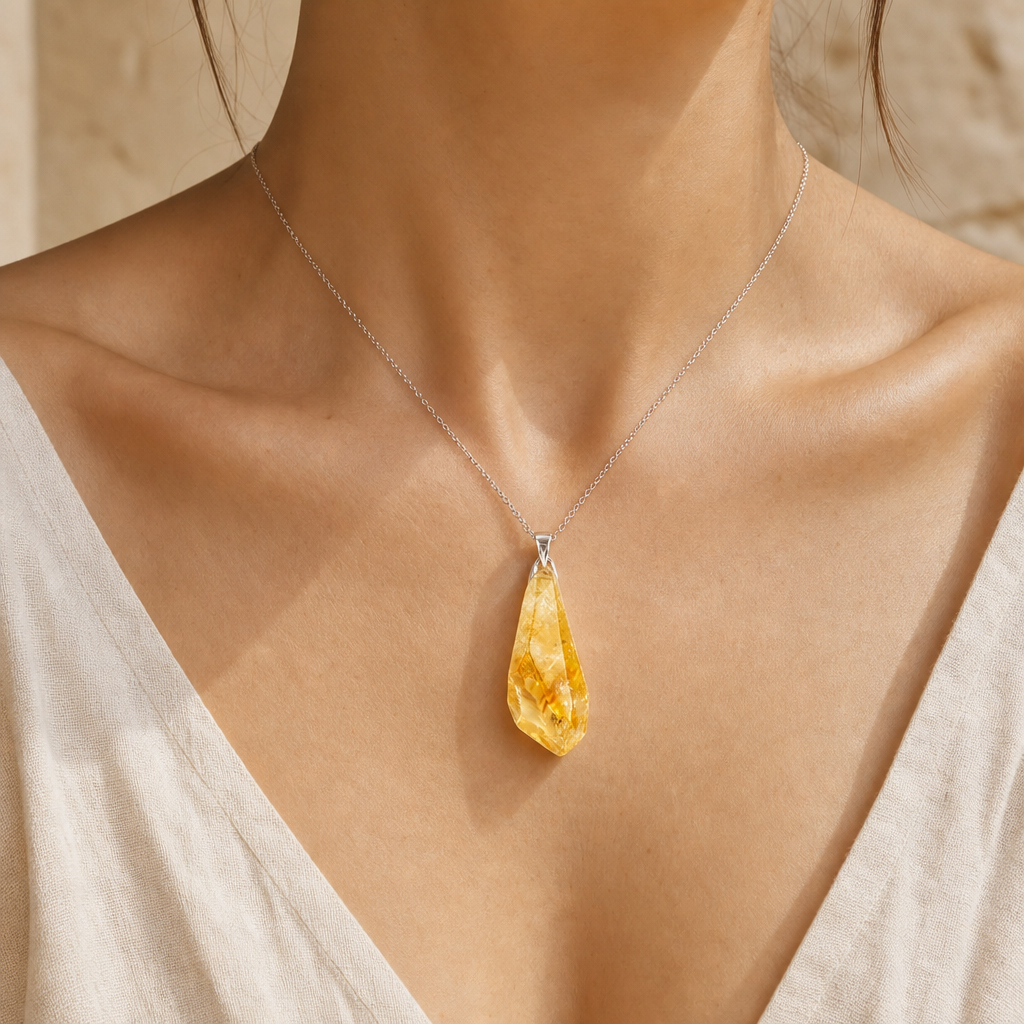 Citrine pendant necklace worn as a neckline focal piece.