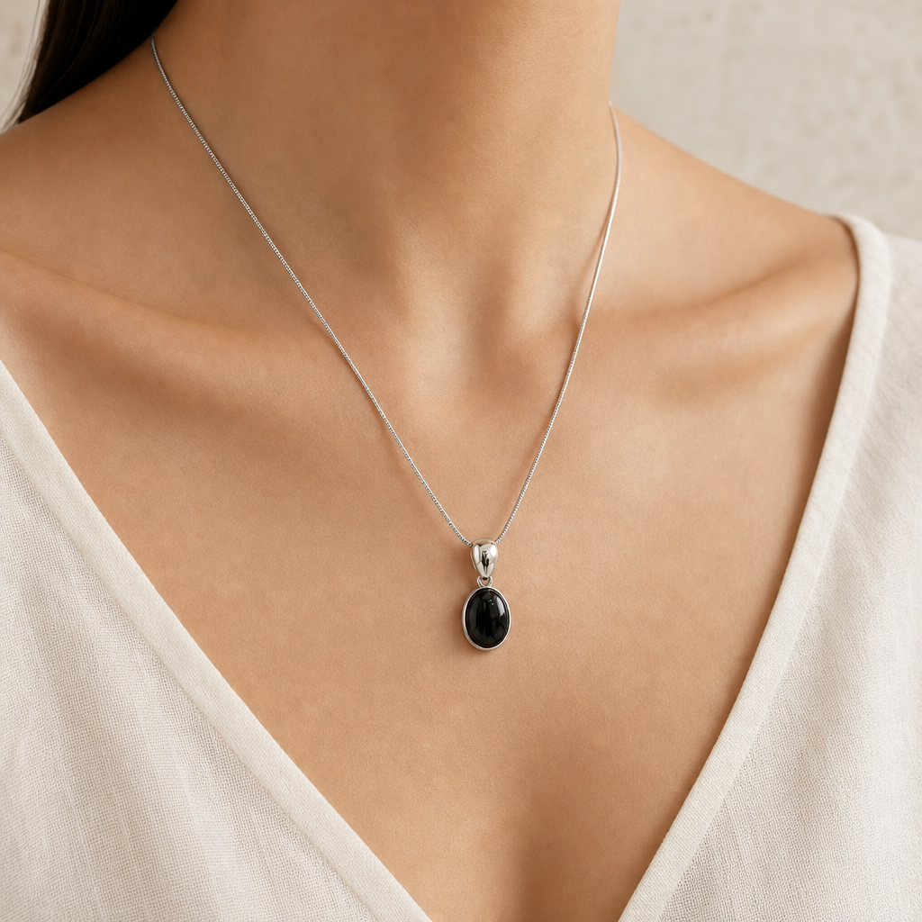 Black Onyx Silver Drop Pendant Necklace Story Lifestyle product image featuring Black Onyx.