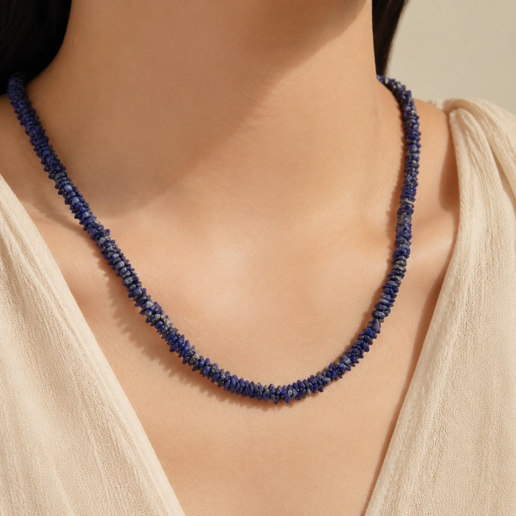 Lapis Lazuli Chip Necklace Story Lifestyle product image featuring Natural Stone.