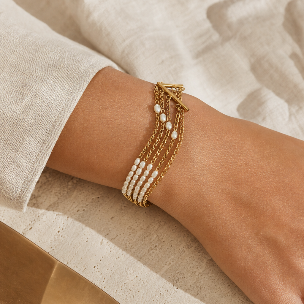 Freshwater Pearl Titanium Steel Bracelet Story Lifestyle product image featuring Freshwater Pearl.
