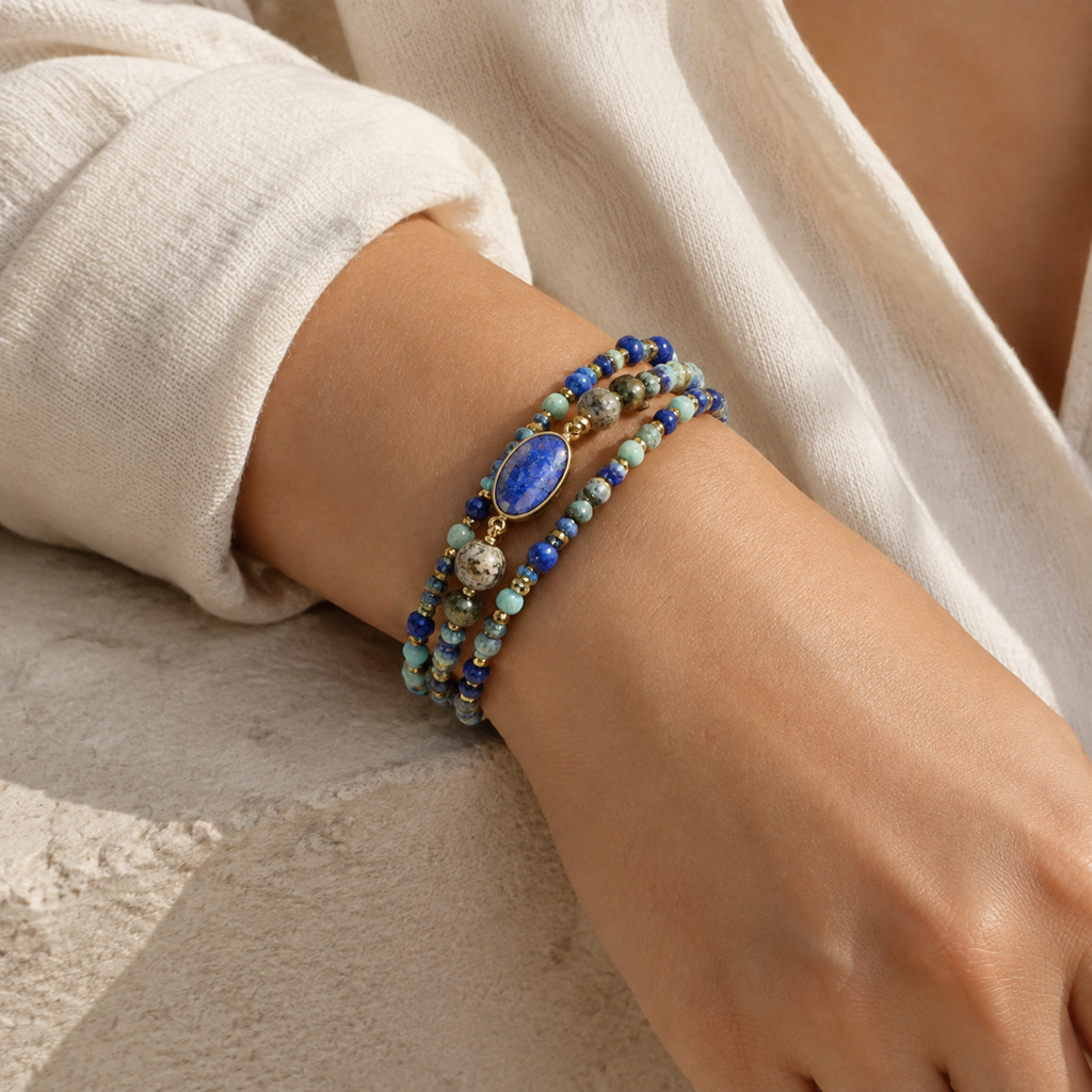 Imperial Stone Heart Three Layered Bracelet Story Lifestyle product image featuring Lapis Lazuli.