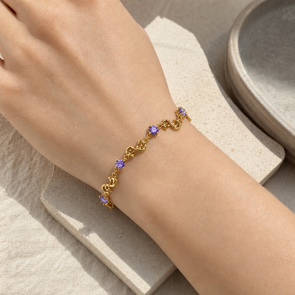 Amethyst White Gold Tone Link Bracelet Story Lifestyle product image featuring Amethyst.