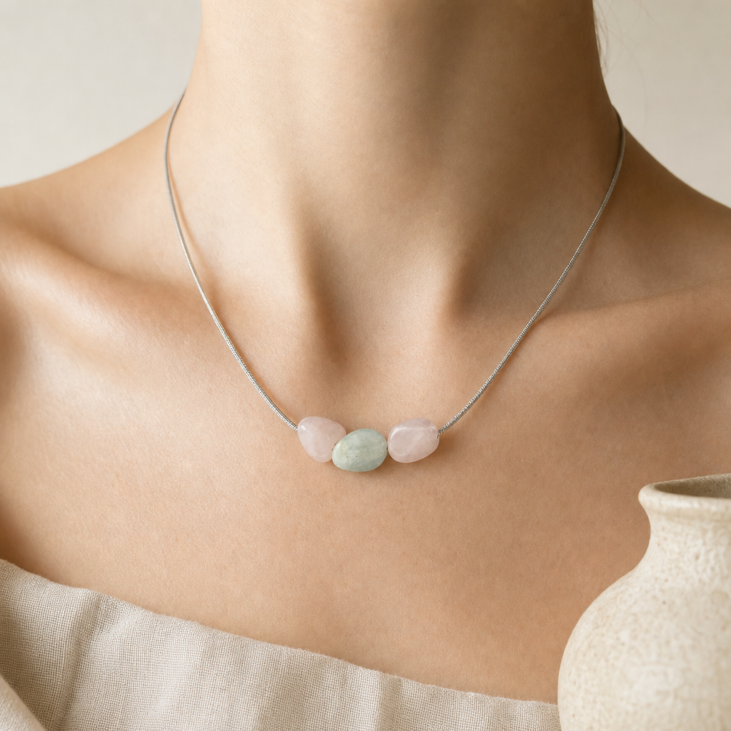 Beryl Morganite Three Bead Necklace Story Lifestyle product image featuring Natural Stone.