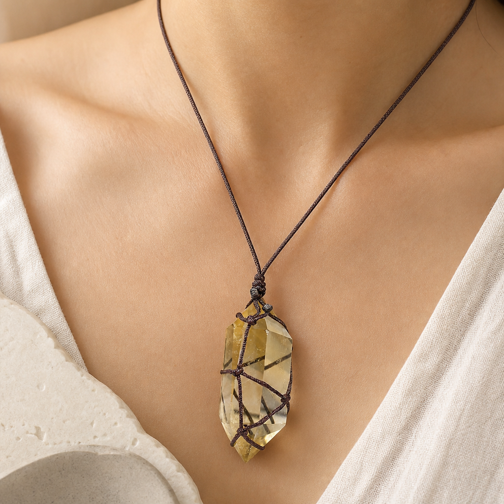 Double Point Crystal Mesh Wrapped Pendant Necklace Story Lifestyle showing a mesh-wrapped double point crystal pendant neckla