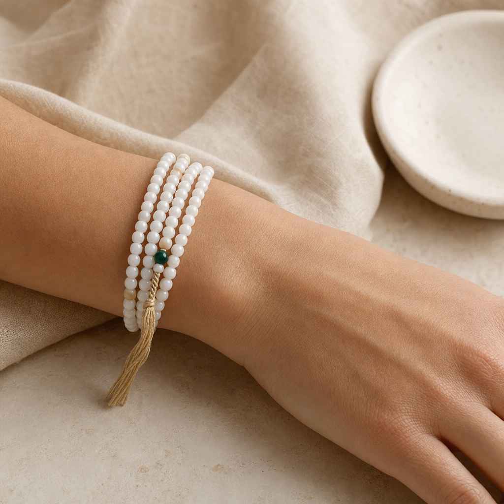 White Jade 108 Bead Wrap Bracelet Story Lifestyle product image featuring Jade.