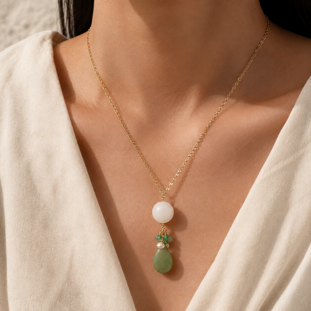 Jade And Sea Glass Drop Pendant Necklace Story Lifestyle product image featuring Jade.