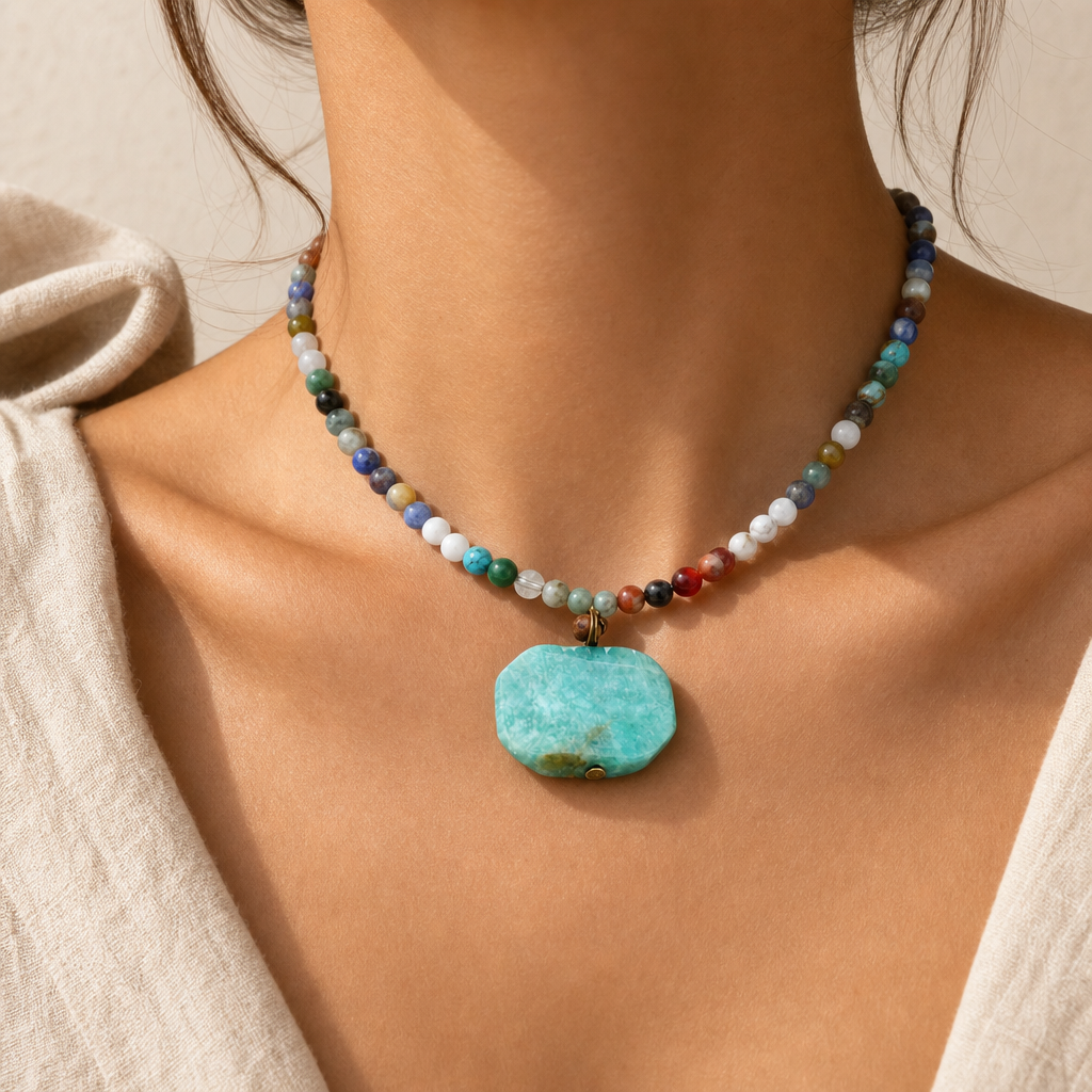 Amazonite Choker Necklace Story Lifestyle product image featuring Natural Stone.