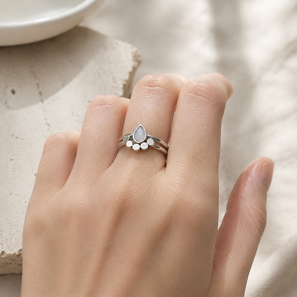 Moondrop Moonstone Ring Story Lifestyle product image featuring Moonstone.