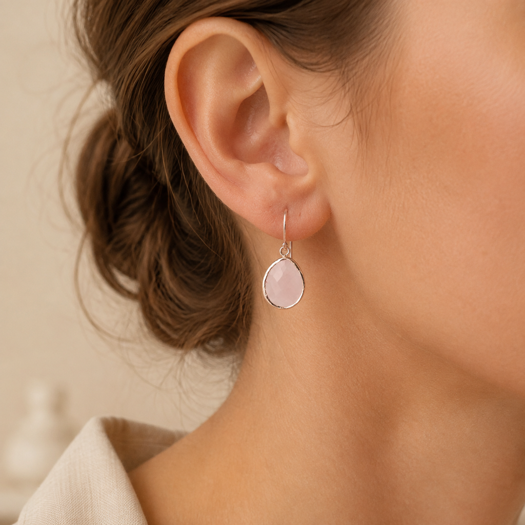 Petite Drop Earrings Rose Quartz Rosegold Story Lifestyle product image featuring Rose Quartz.