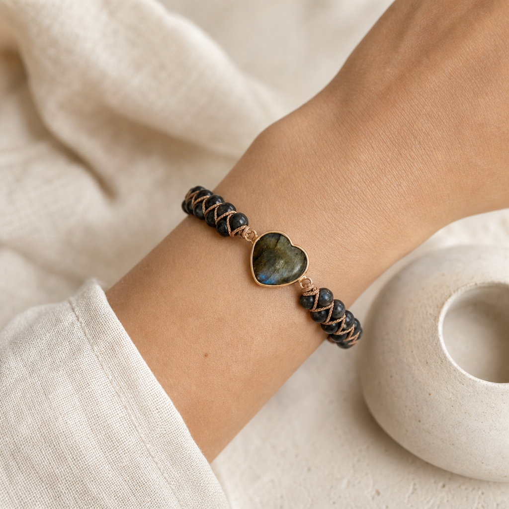 Handmade Heart Shape Natural Stone Bracelet Story Lifestyle product image featuring Copper.